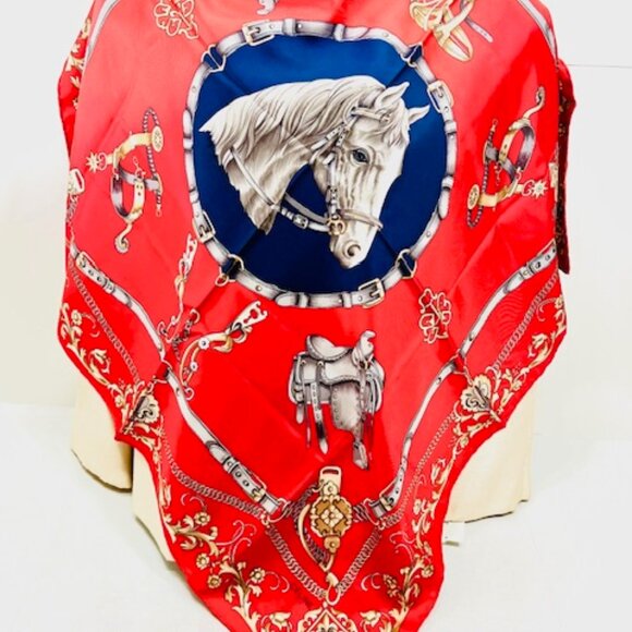 Unused Celine Paris 100% Silk Scarf Satin 34" Horse Red Blue Gold (36 - Picture 16 of 16